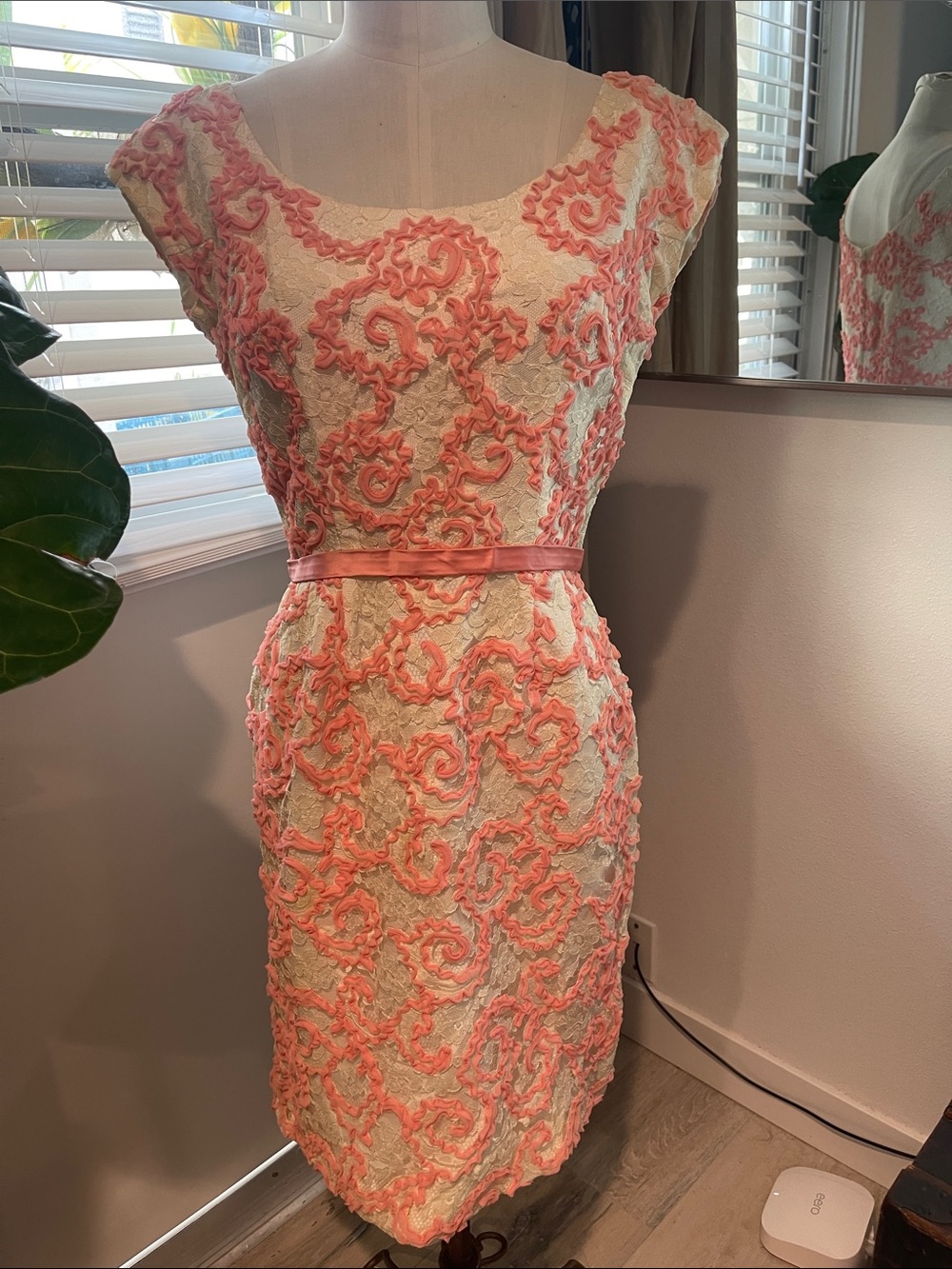 Beautiful Very Vintage Elegant Cream Lace Dress with Pink Embroidery